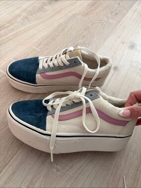 Vans Classic Low-Top Platform Sneakers in Cream, Navy & Pink